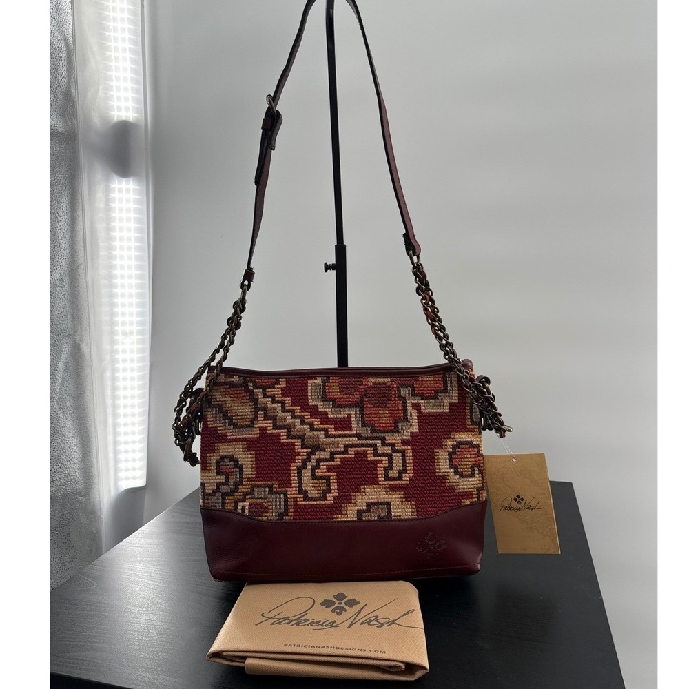 Patricia Nash Salvina‎ Peruvian Tapestry Crossbody Bag New Burgundy Leather NWT